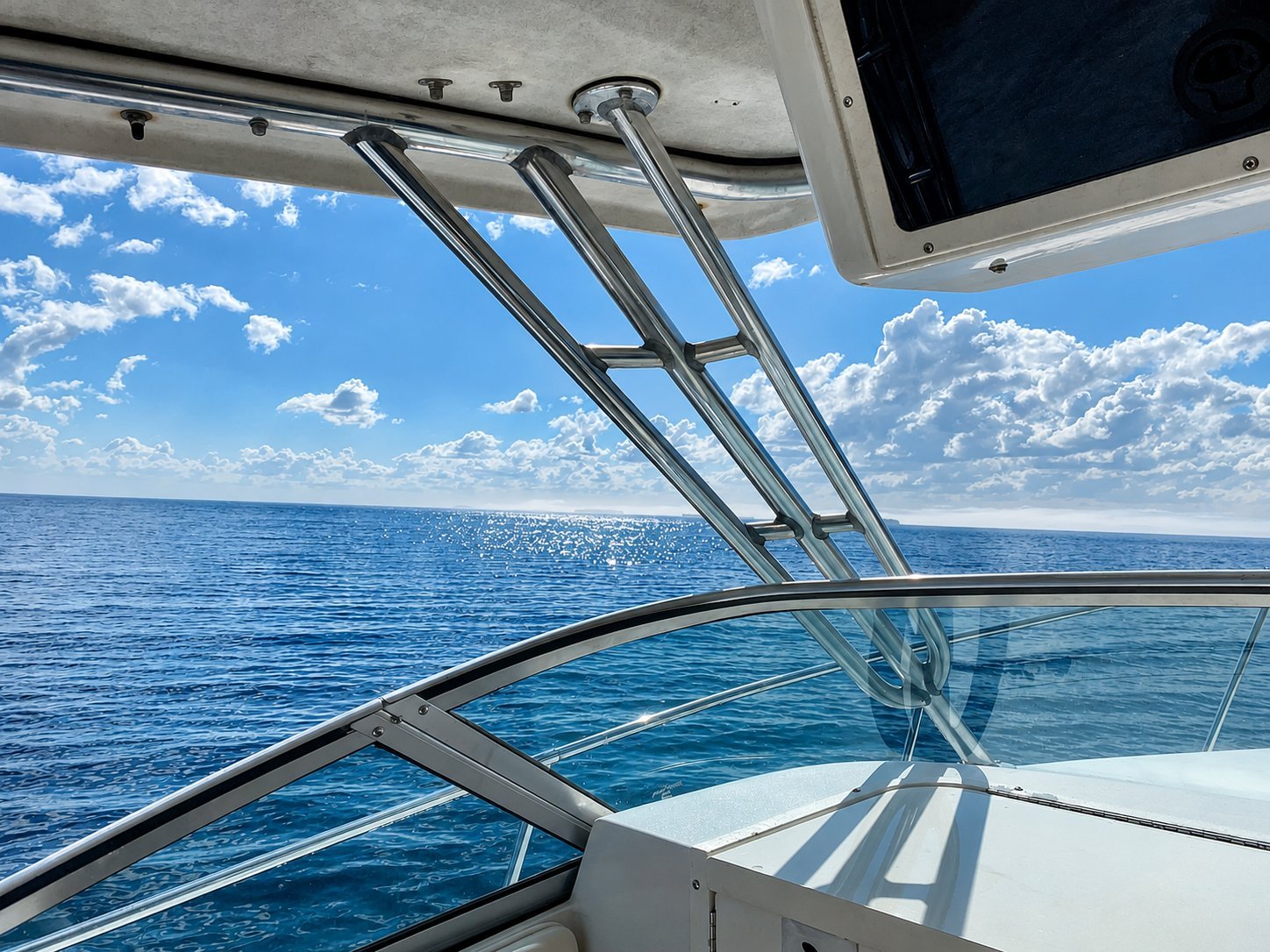 View over the bow on the open water off the coast of Nova Scotia
